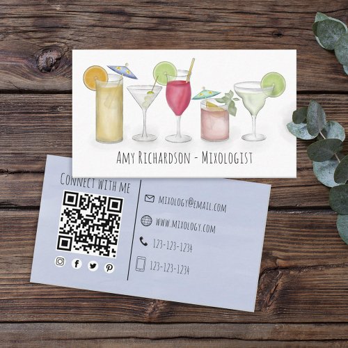 Simple Watercolor Cocktails Drinks Bartender Business Card