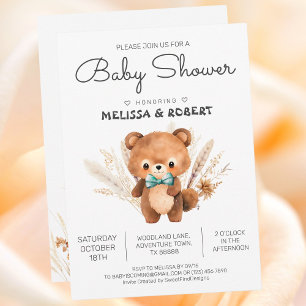 Simple Watercolor Cute Teddy Bear Baby Boy Shower Invitation