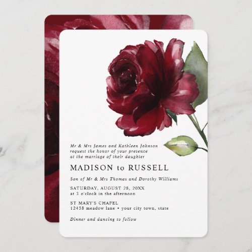 Simple Watercolor Deep Red Rose Formal Wedding Invitation