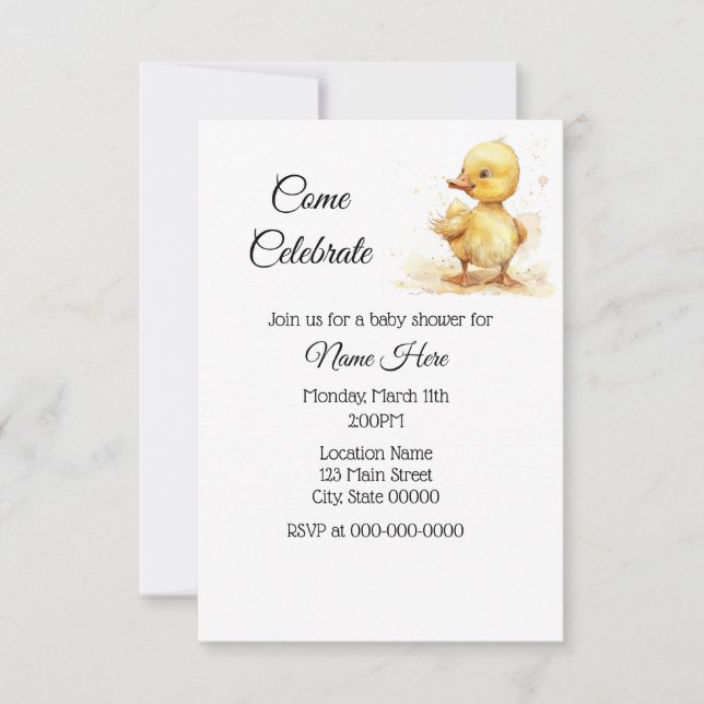 Simple Watercolor Duckling Baby Shower Invitation (Front)