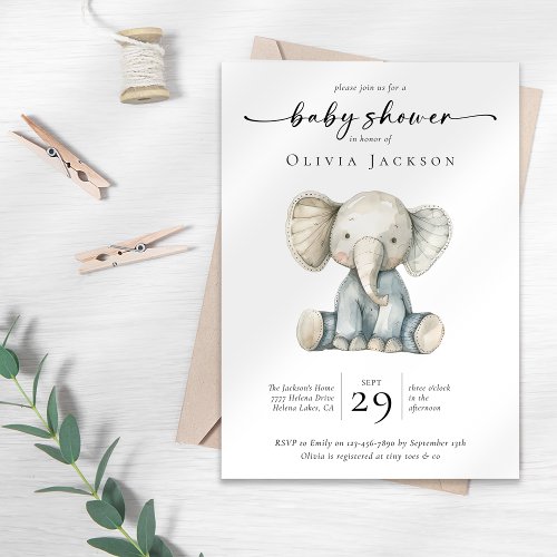 Simple Watercolor Elephant Baby Shower  Invitation