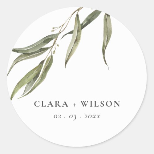 Simple Watercolor Eucalyptus Botanical Wedding Classic Round Sticker