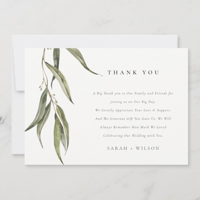Simple Watercolor Eucalyptus Botanical Wedding Thank You Card (Front)