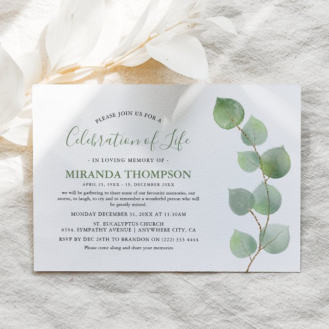 Simple Watercolor Eucalyptus Celebration of Life Invitation (Creator Uploaded)