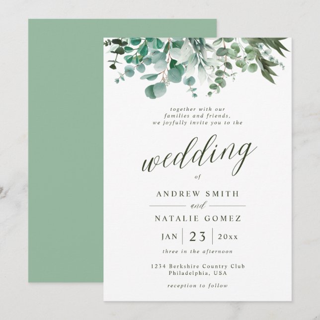 Simple Watercolor Eucalyptus Greenery Wedding Invitation (Front/Back)