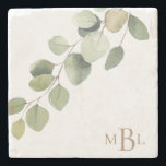 Simple Watercolor Eucalyptus Monogram Stone Coaster<br><div class="desc">Eucalyptus Foliage Gold Monogram Stone Coaster. Simple.</div>