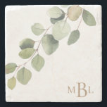 Simple Watercolor Eucalyptus Monogram Stone Coaster<br><div class="desc">Eucalyptus Foliage Gold Monogram Stone Coaster. Simple.</div>