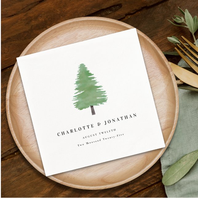 Simple Watercolor Fir Tree Woodland Wedding Napkins (Personalized elegant modern simple Woodland watercolor Wedding napkins)