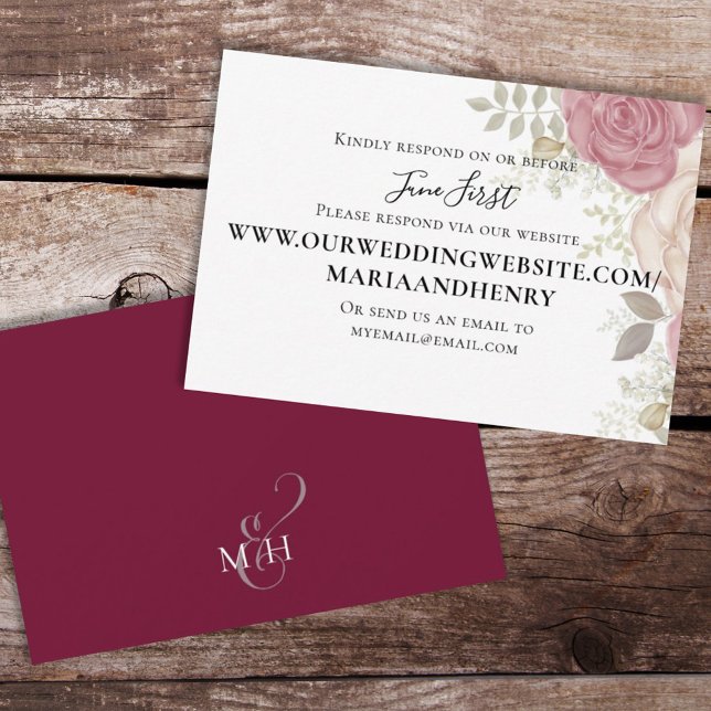 Simple Watercolor Floral Burgundy Via Website RSVP Card (Creator Uploaded)