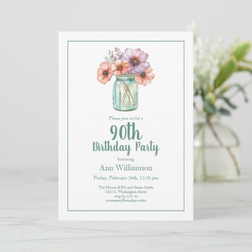 Simple Watercolor Flower Garden 90th Birthday Invitation