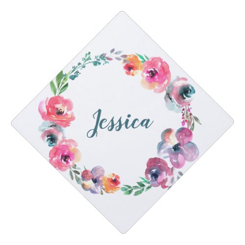 Simple Watercolor Flowers Modern Elegant  Graduation Cap Topper