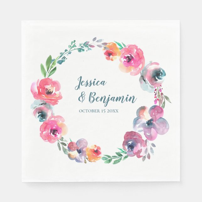 Simple Watercolor Flowers Modern Elegant Wedding  Napkins (Front)