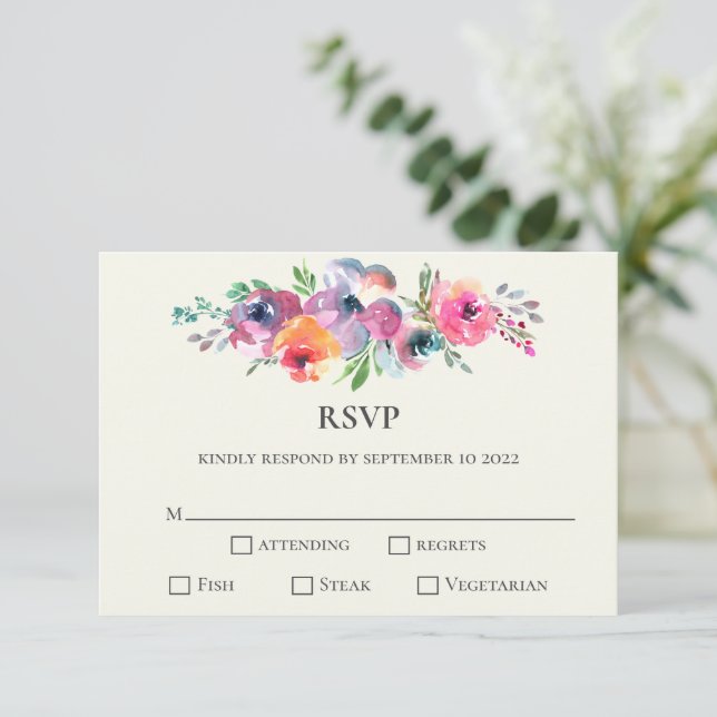 Simple Watercolor Flowers Modern Elegant Wedding RSVP Card (Standing Front)