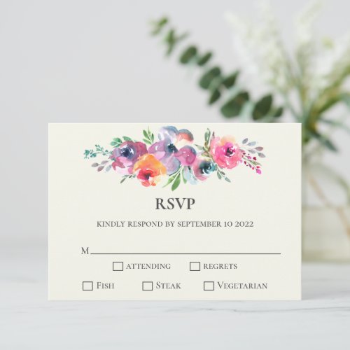 Simple Watercolor Flowers Modern Elegant Wedding RSVP Card