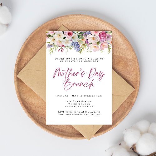 Simple watercolor flowers mothers day brunch invitation