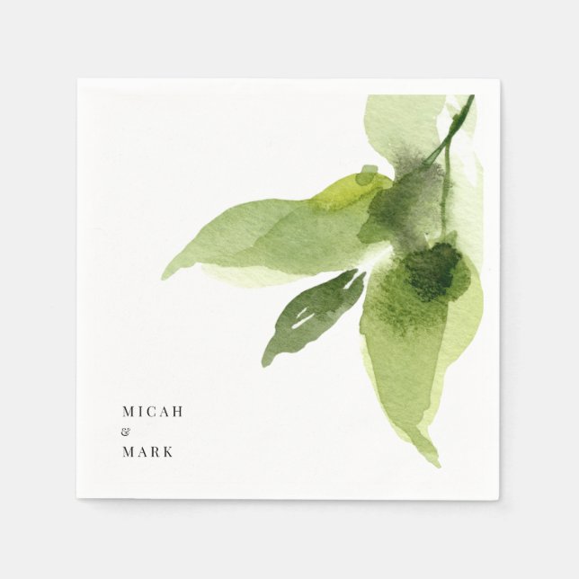 Simple Watercolor Foliage Couple Names Cocktail Napkins (Front)