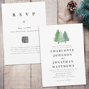 Simple Watercolor Forest Woodland Wedding QR Code Invitation