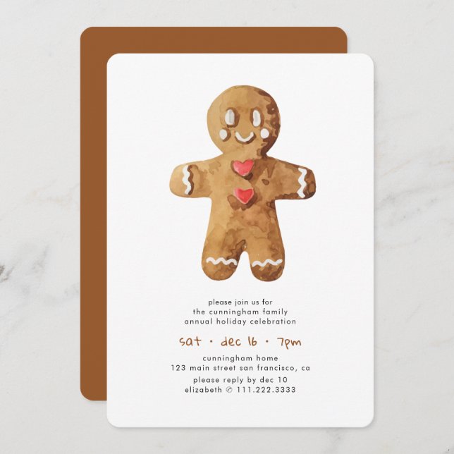 Simple Watercolor Gingerbread Man Holiday Dinner Invitation (Front/Back)