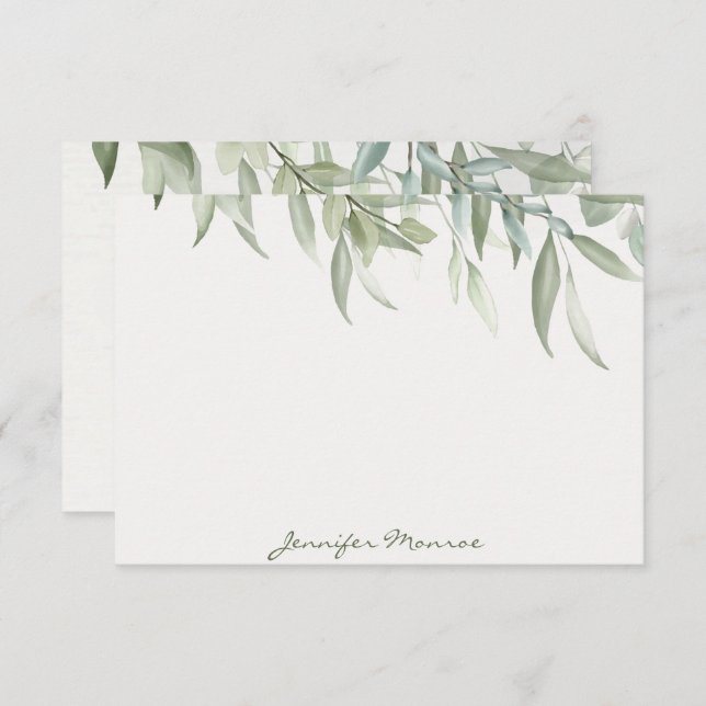Simple watercolor green leaves personalized note card (Front/Back)