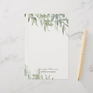 Simple watercolor green leaves personalized stationery