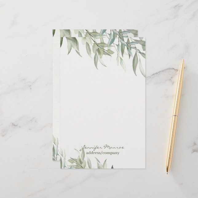Simple watercolor green leaves personalized stationery (Front/Back In Situ)