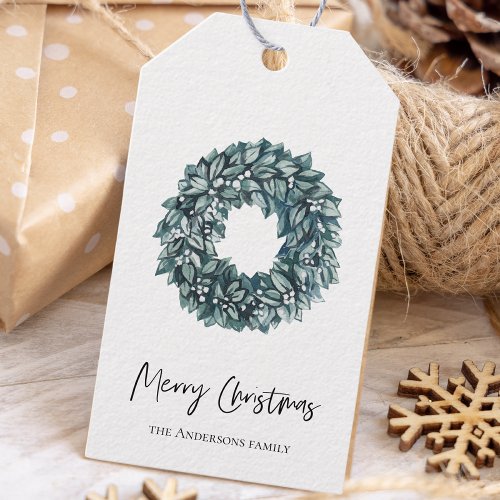 Simple Watercolor Green Wreath  Merry Christmas Gift Tags