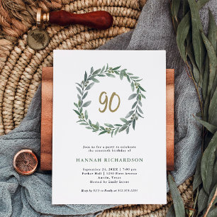 Simple Watercolor Greenery and Gold 90th Birthday Invitation