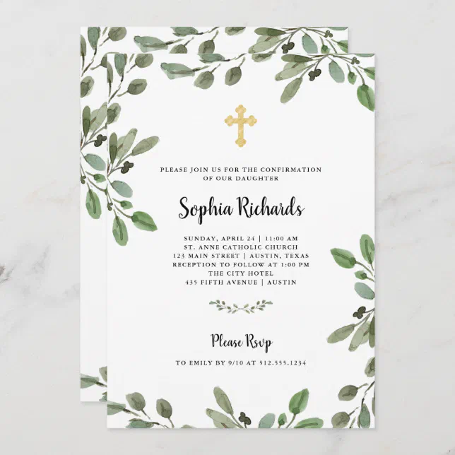 Simple Watercolor Greenery and Gold | Confirmation Invitation | Zazzle