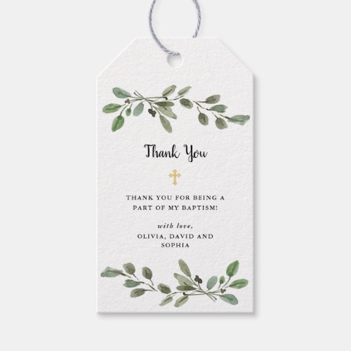 Simple Watercolor Greenery and Gold Cross Baptism Gift Tags