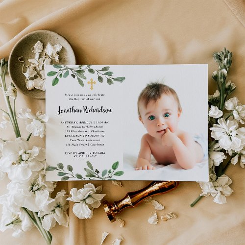 Simple Watercolor Greenery and Gold Photo Baptism Invitation