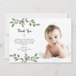 Simple Watercolor Greenery and Gold Photo Baptism Thank You Card