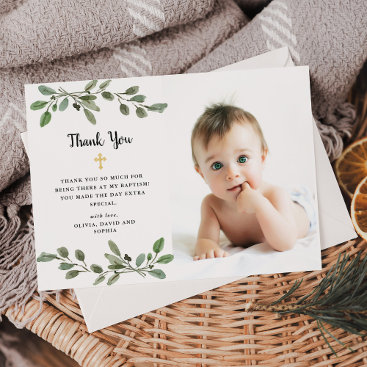 Simple Watercolor Greenery and Gold Photo Baptism Thank You Card