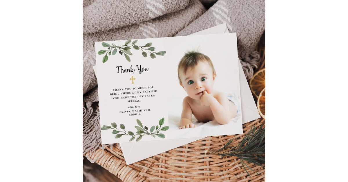 Simple Watercolor Greenery and Gold Photo Baptism Thank You Card