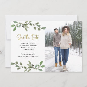 Simple Watercolor Greenery and Gold Photo Save The Date