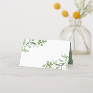 Simple Watercolor Greenery and White Flowers Place Card