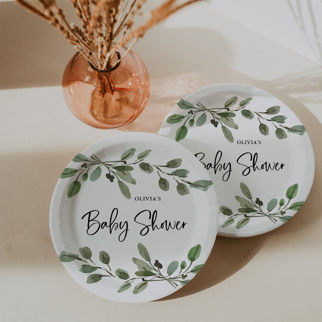 Simple Watercolor Greenery | Baby Shower Paper Plates (Creator Uploaded)