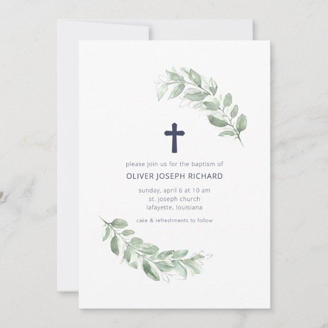 Simple Watercolor Greenery Baptism Invitation (Front)