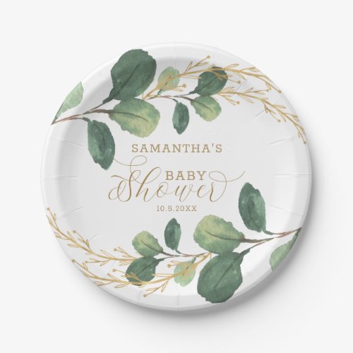 Simple Watercolor Greenery Botanical Baby Shower Paper Plates