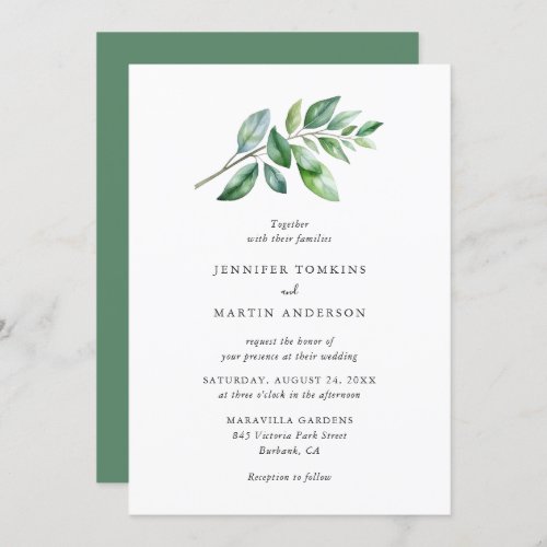 Simple Watercolor Greenery Branch Wedding Invitation