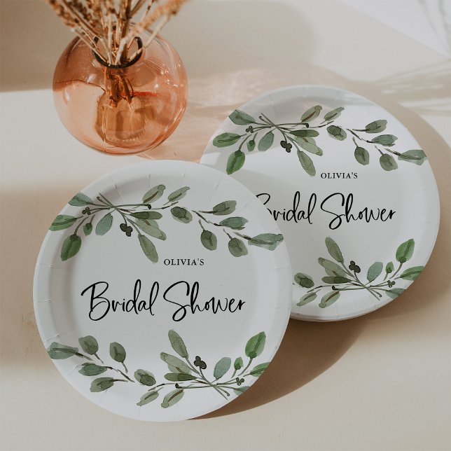 Simple Watercolor Greenery | Bridal Shower Paper Plates (Creator Uploaded)
