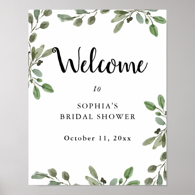 Simple Watercolor Greenery | Bridal Shower Welcome Poster (Front)