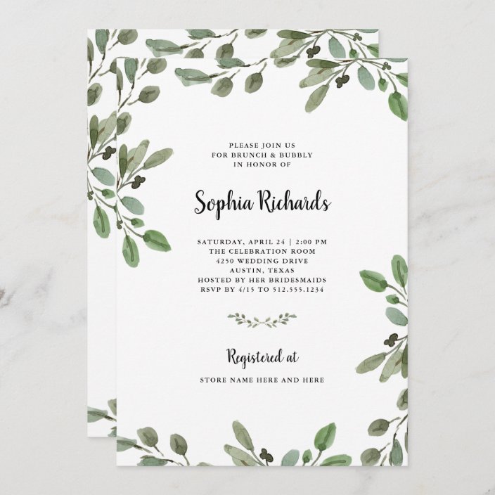 Simple Watercolor Greenery | Brunch and Bubbly Invitation | Zazzle