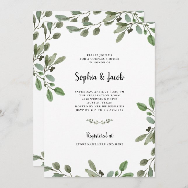 Simple Watercolor Greenery | Couples Shower Invitation (Front/Back)
