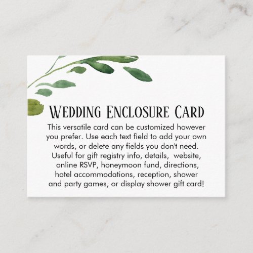 Simple Watercolor Greenery DIY Custom Wedding Enclosure Card