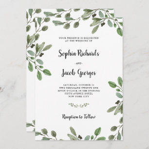 Simple Watercolor Greenery   Elegant Wedding Invitation