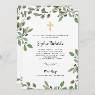 Simple Watercolor Greenery First Holy Communion Invitation
