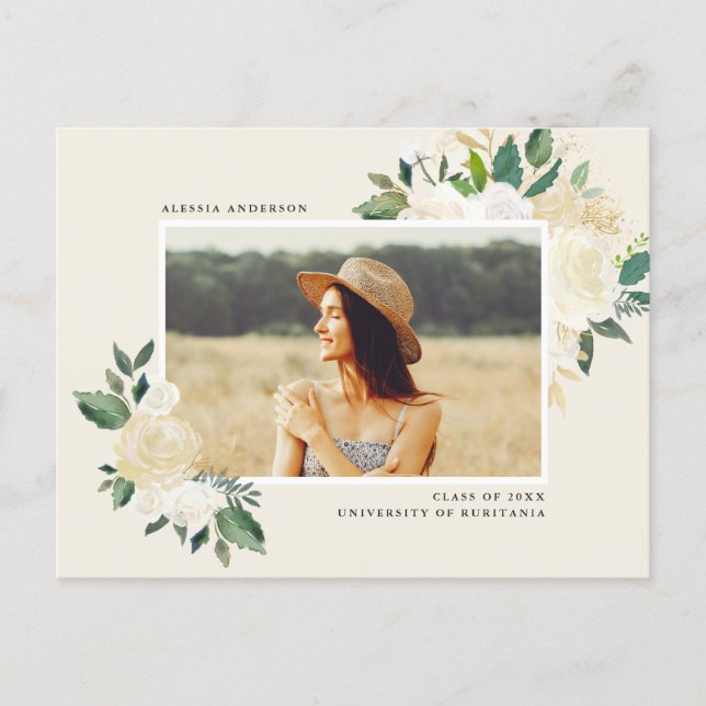 Simple Watercolor Greenery Floral Graduation Party Invitation Postcard (Front)