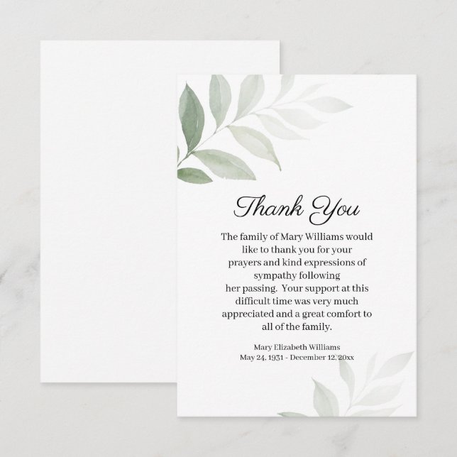 Simple Watercolor Greenery Funeral Thank You Card (Front/Back)