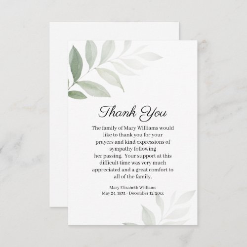 Simple Watercolor Greenery Funeral Thank You Card