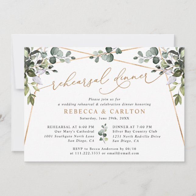 Simple Watercolor Greenery Gold Rehearsal Dinner Invitation (Front)